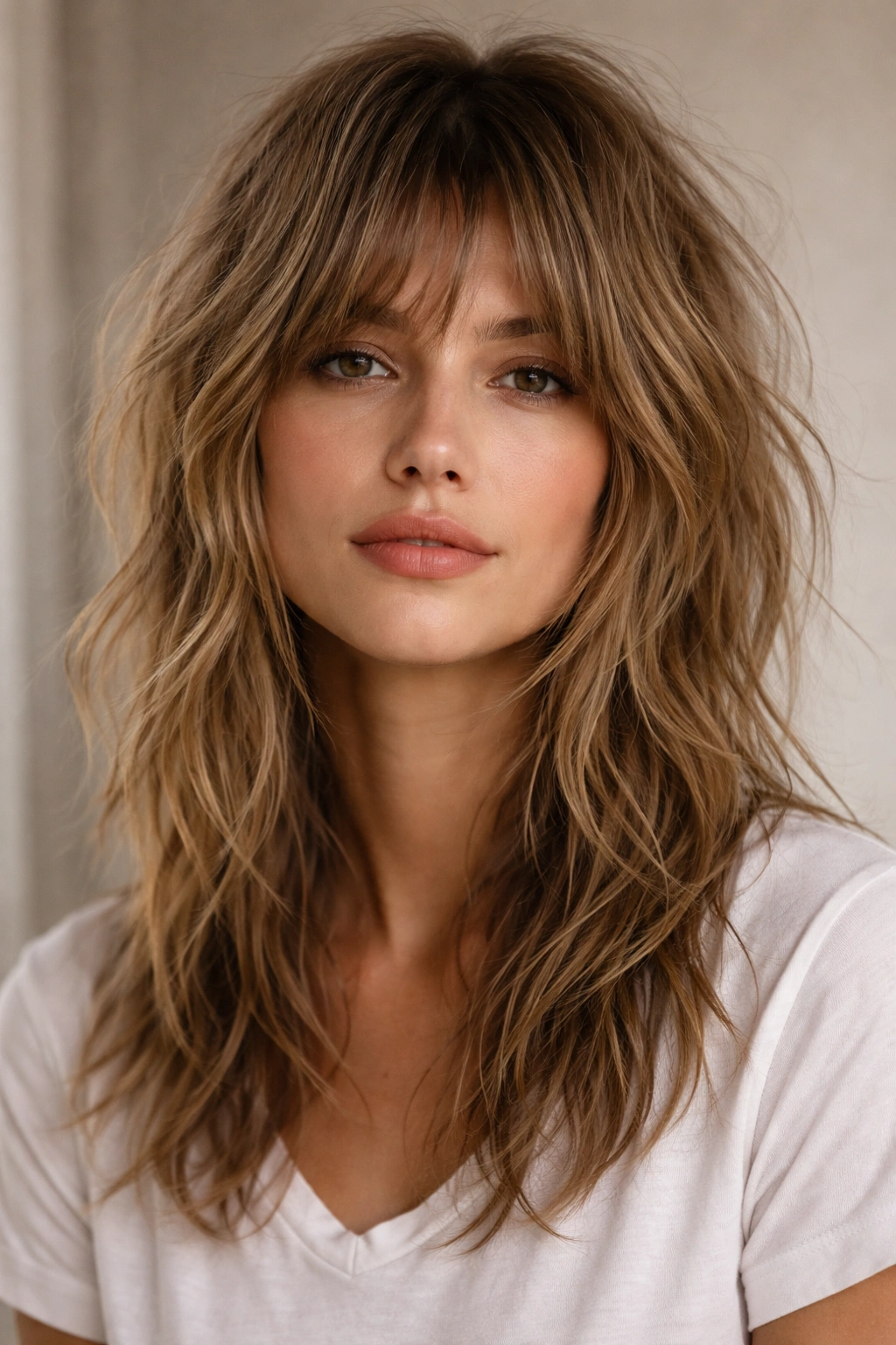 18 Medium Shaggy Cuts With Built In Movement 17 Portrait of a model with a messy lived-in shag showing natural texture