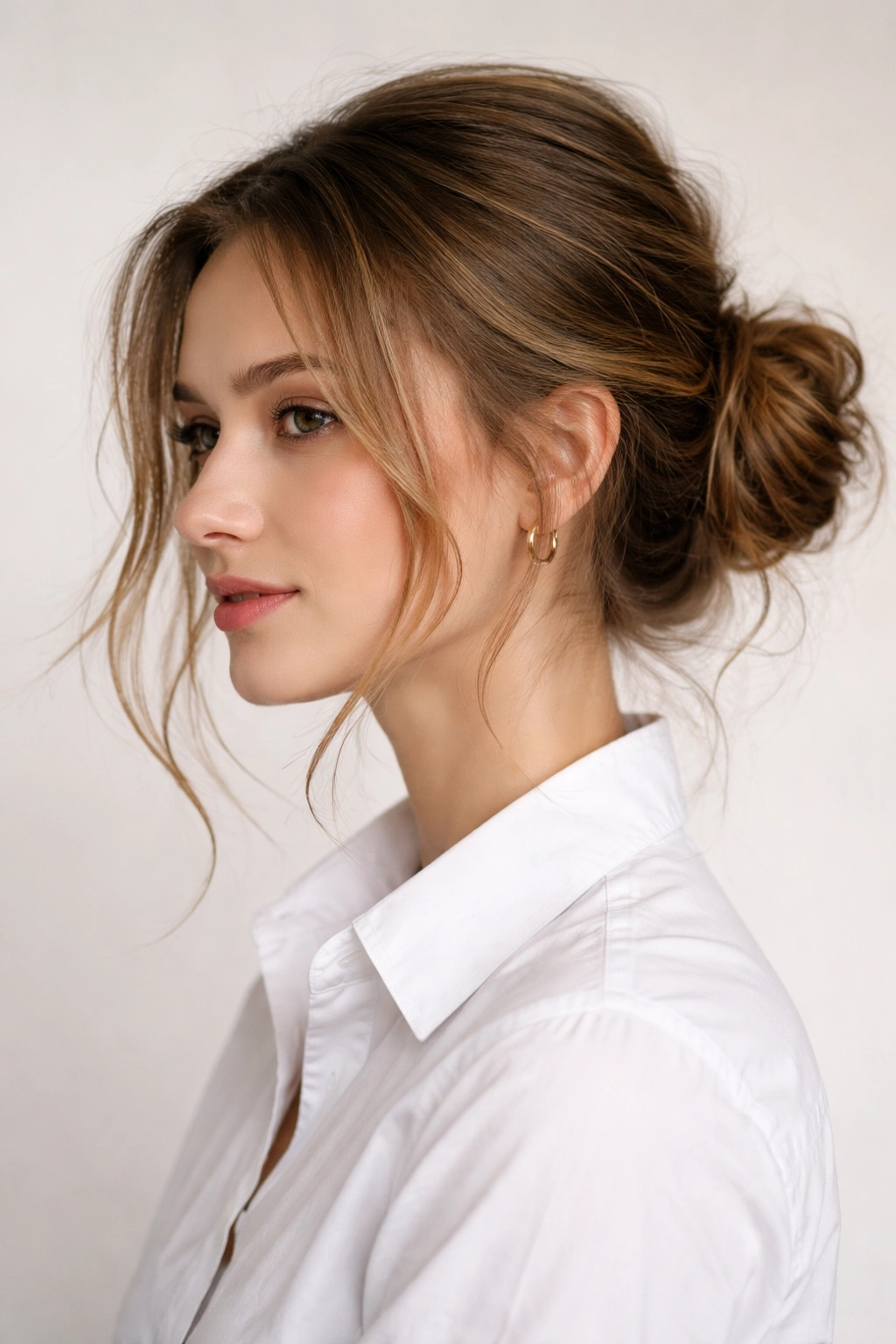 Low bun at the nape with wispy face-framing pieces
