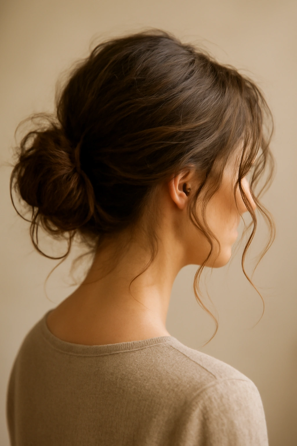 15 Natural Wavy Hairstyles You Can Air Dry Easily 6 Messy low bun with wavy tendrils framing the face