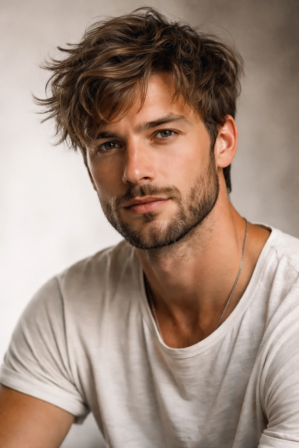 Man with messy medium-length hair and light beard in studio portrait