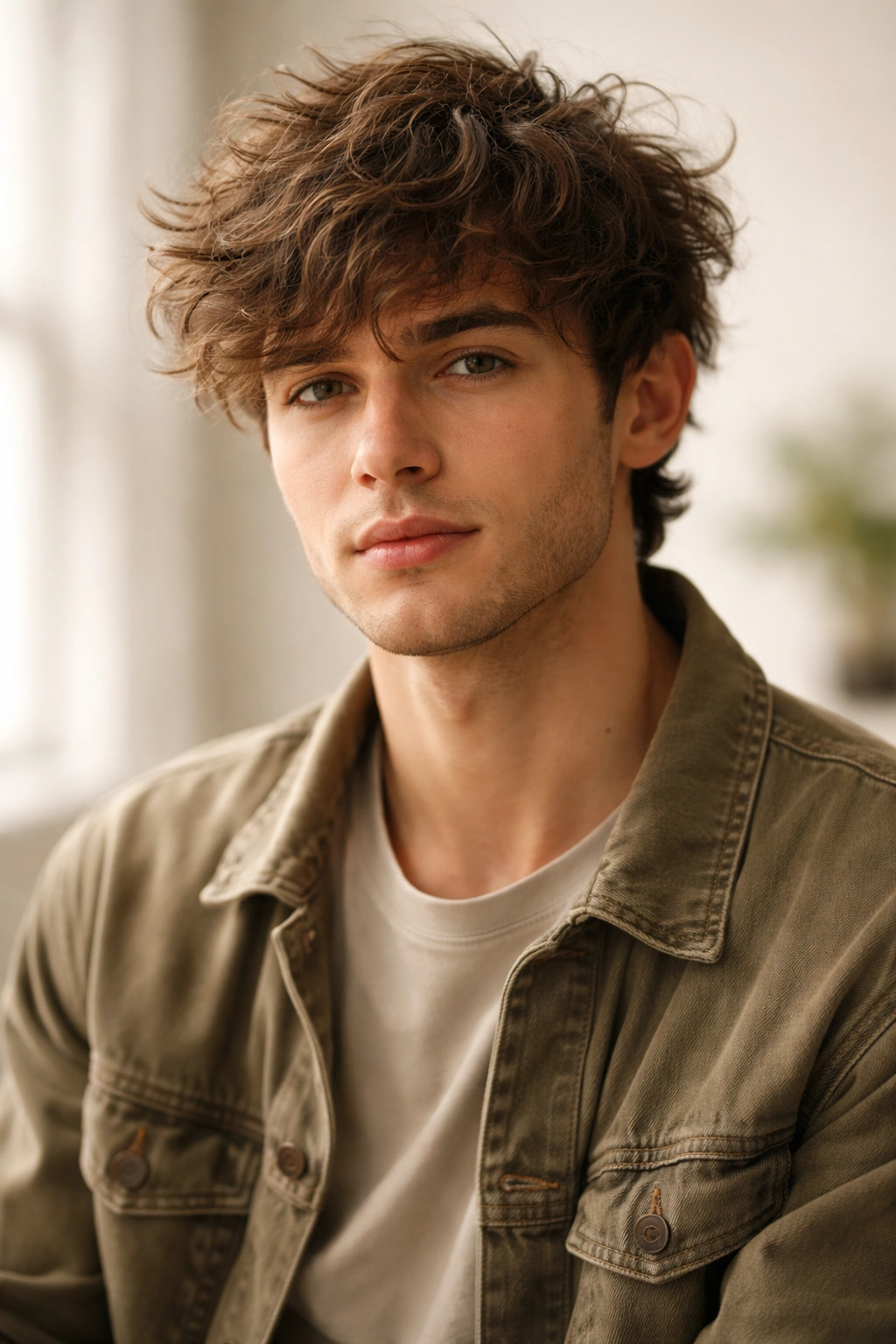 Medium-length messy mop top hairstyle on a man.