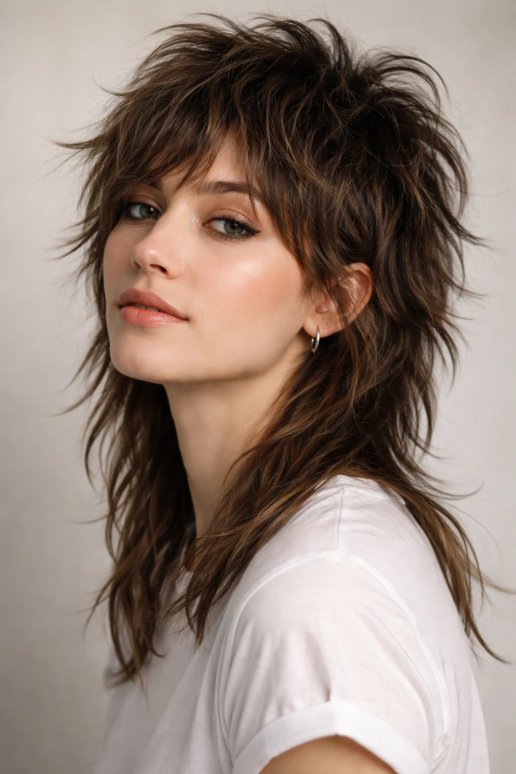 Close-up portrait of a person with a messy choppy mullet showing textured layers