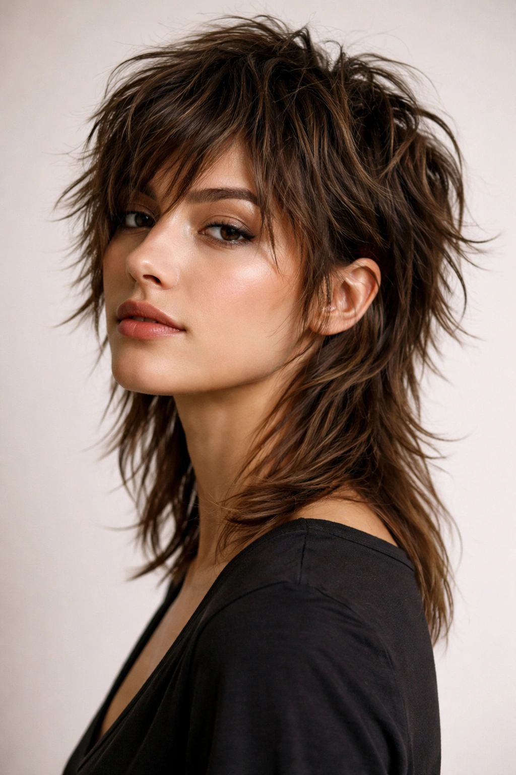 Close-up of a modern messy mullet with long back and textured top.