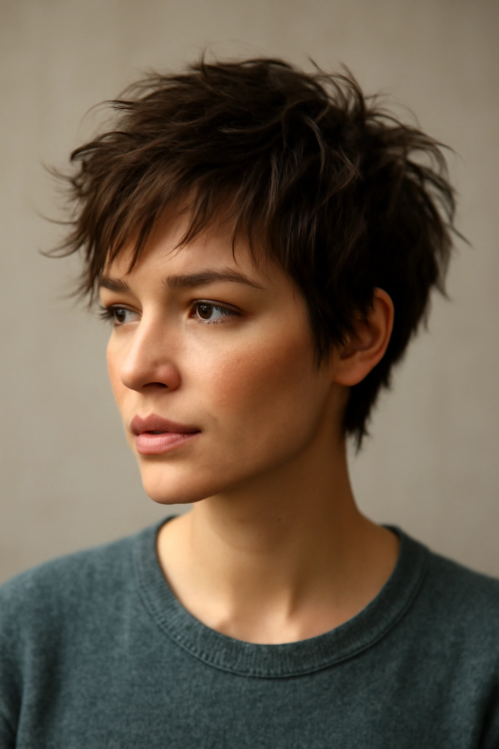 20 Pixie Styles Ranging From Classic To Edgy 17 Portrait of a person with a messy, textured pixie and undone styling