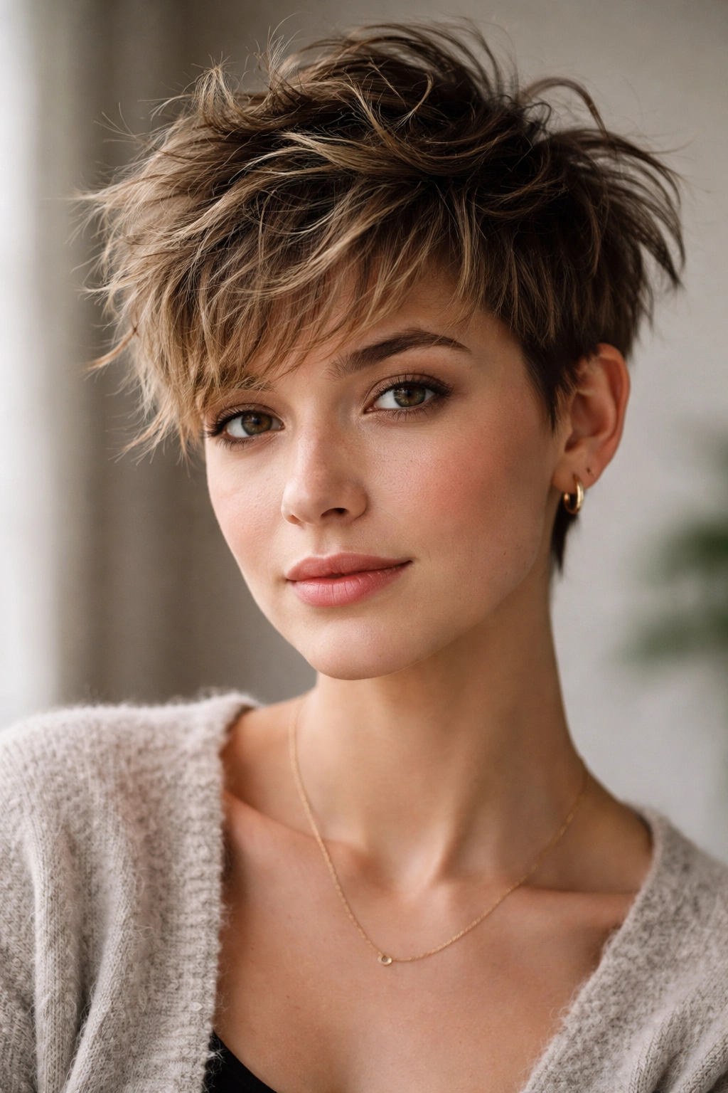 Messy pixie hairstyle with tousled texture and matte finish