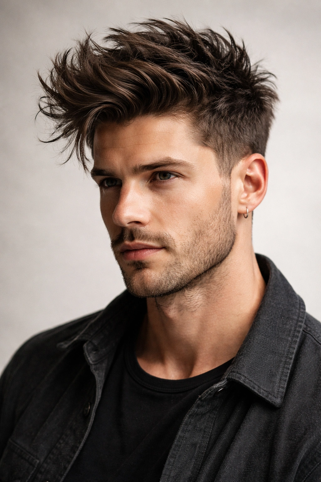 Close-up portrait of a man with a messy pompadour hairstyle showing textured top and shorter sides.