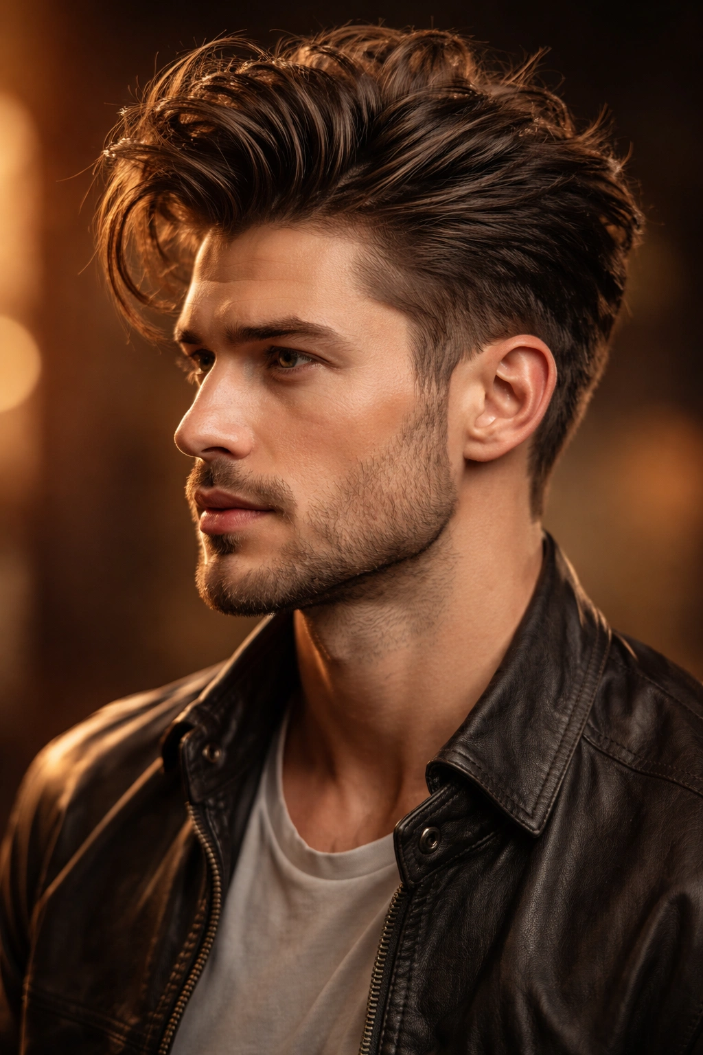 Three-quarter portrait of messy pompadour with tousled, flexible finish
