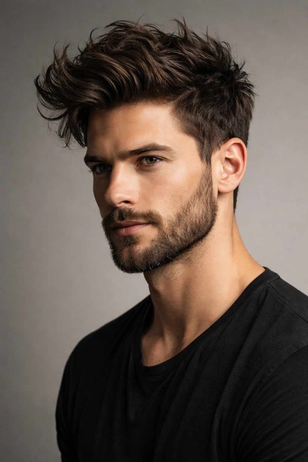 Portrait of a man with a messy quiff and trimmed beard, studio lighting