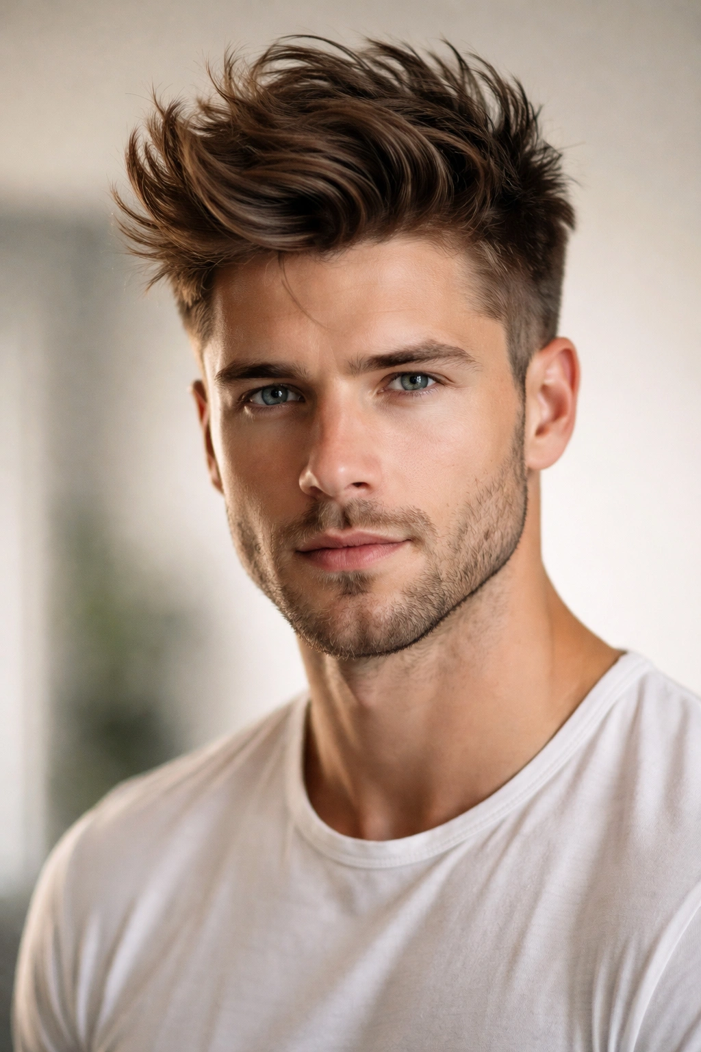 Portrait of a man with a messy quiff showing height and texture with a side fade