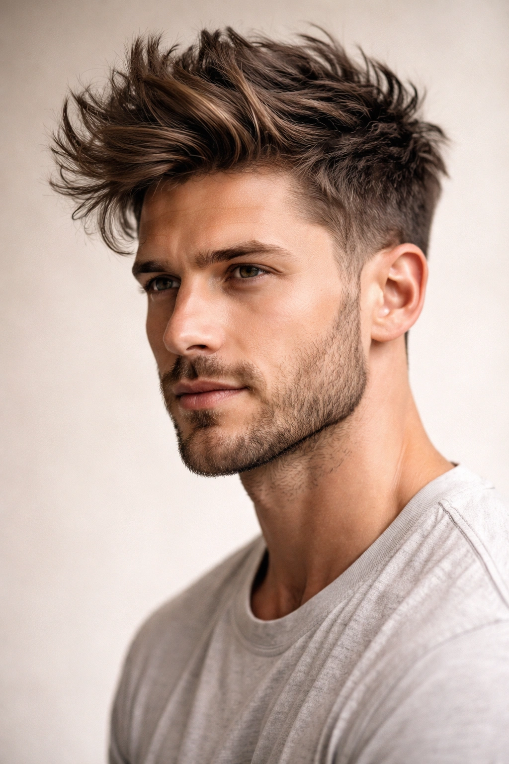 Man with messy quiff hairstyle featuring textured, lifted top
