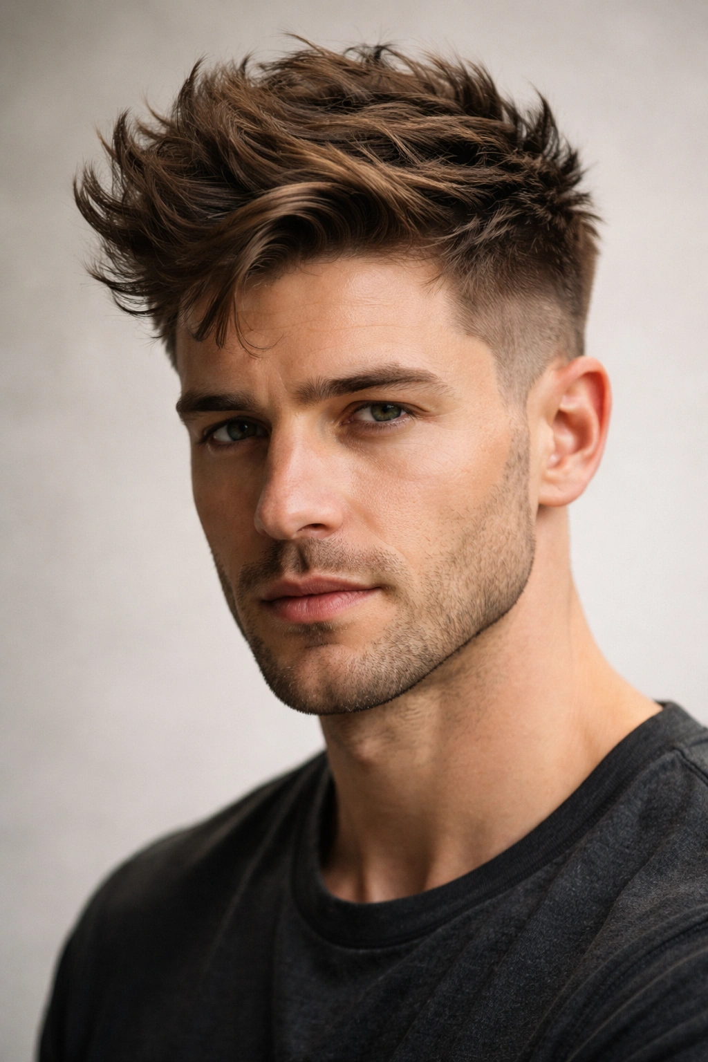 Close-up of a messy textured quiff with layered top and faded sides