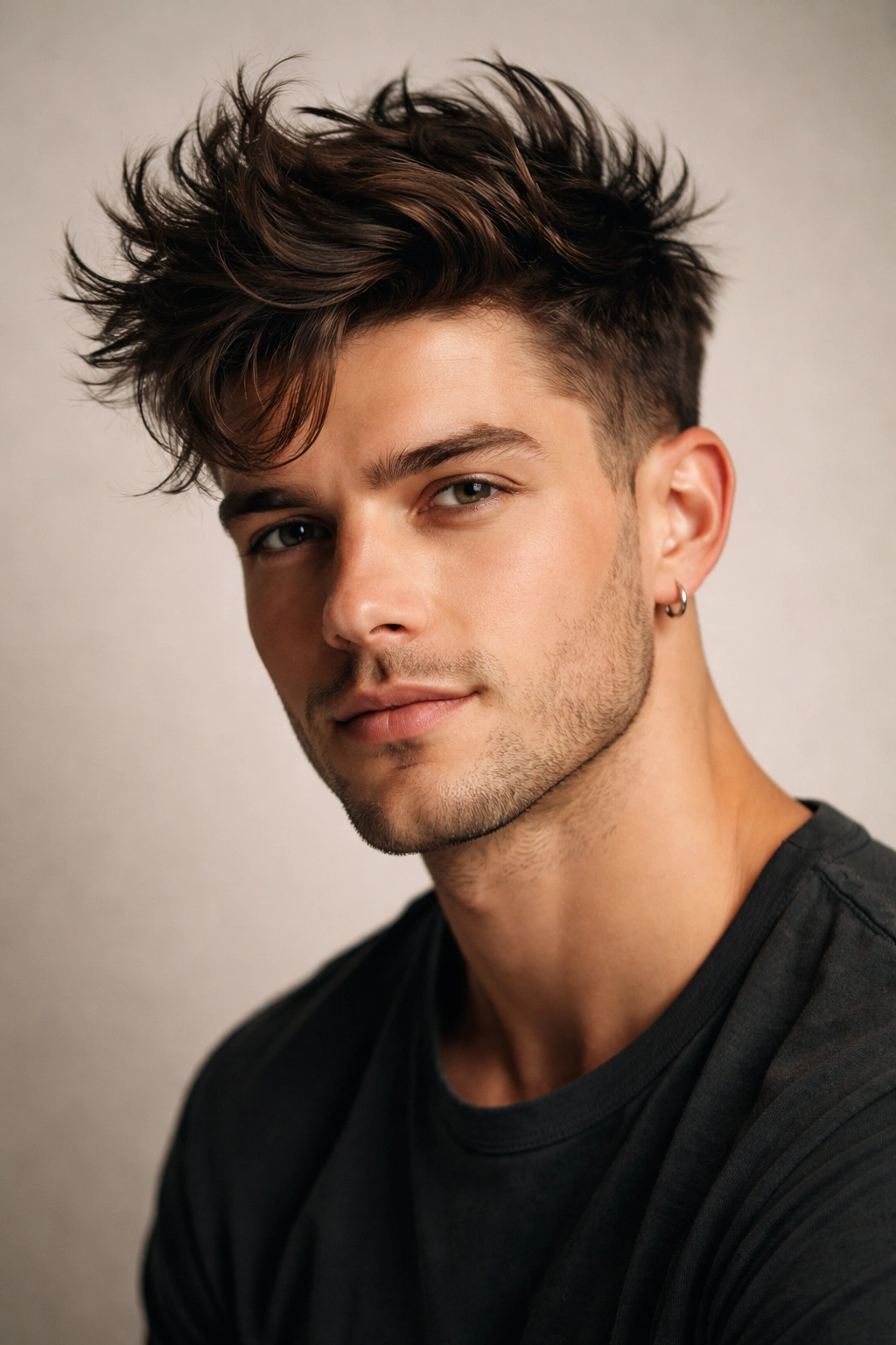 Head-and-shoulders view of a messy quiff with 3-4 inch height and textured matte finish.