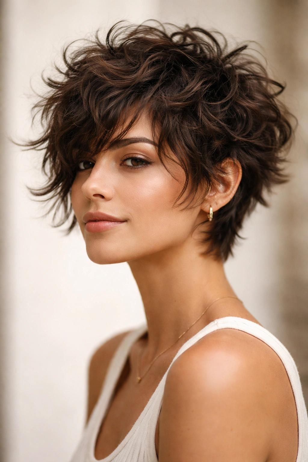 10 Short Curly Pixie Cuts For Natural Texture 3 Three-quarter view of a messy shag pixie with cheek-length fringe