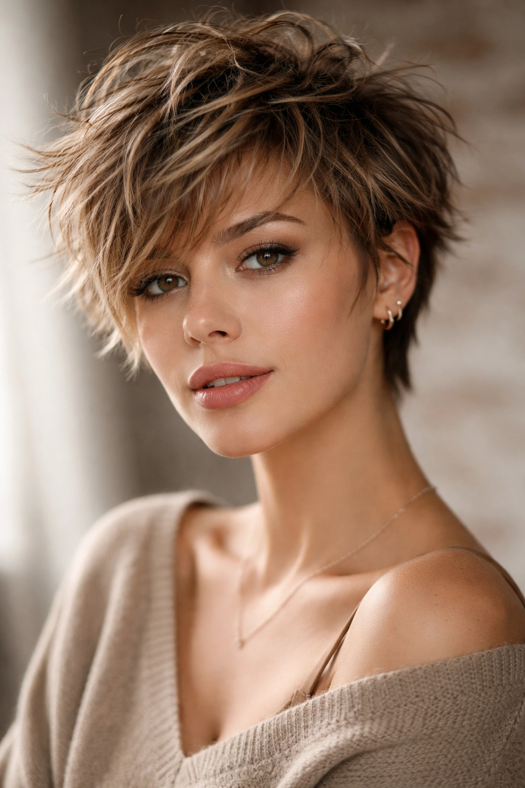 25 Short Haircuts Women Can T Stop Asking For 21 Portrait of a person with a textured, messy short crop showing movement.