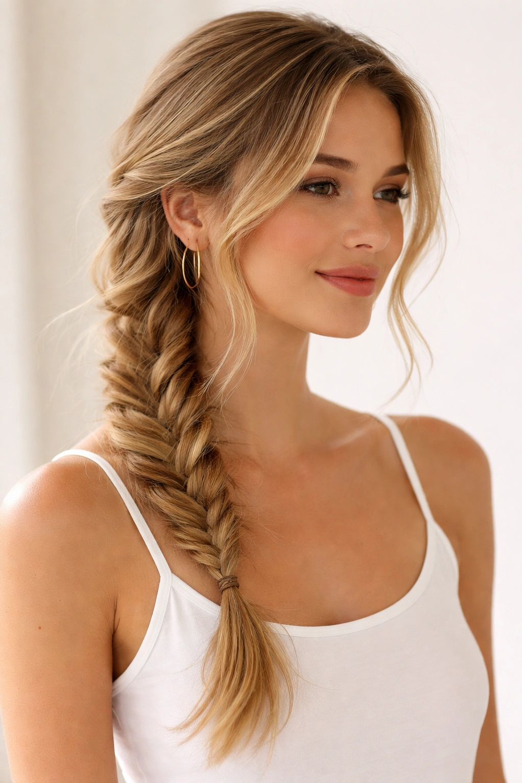 Messy diagonal side braid with loose strands framing the face