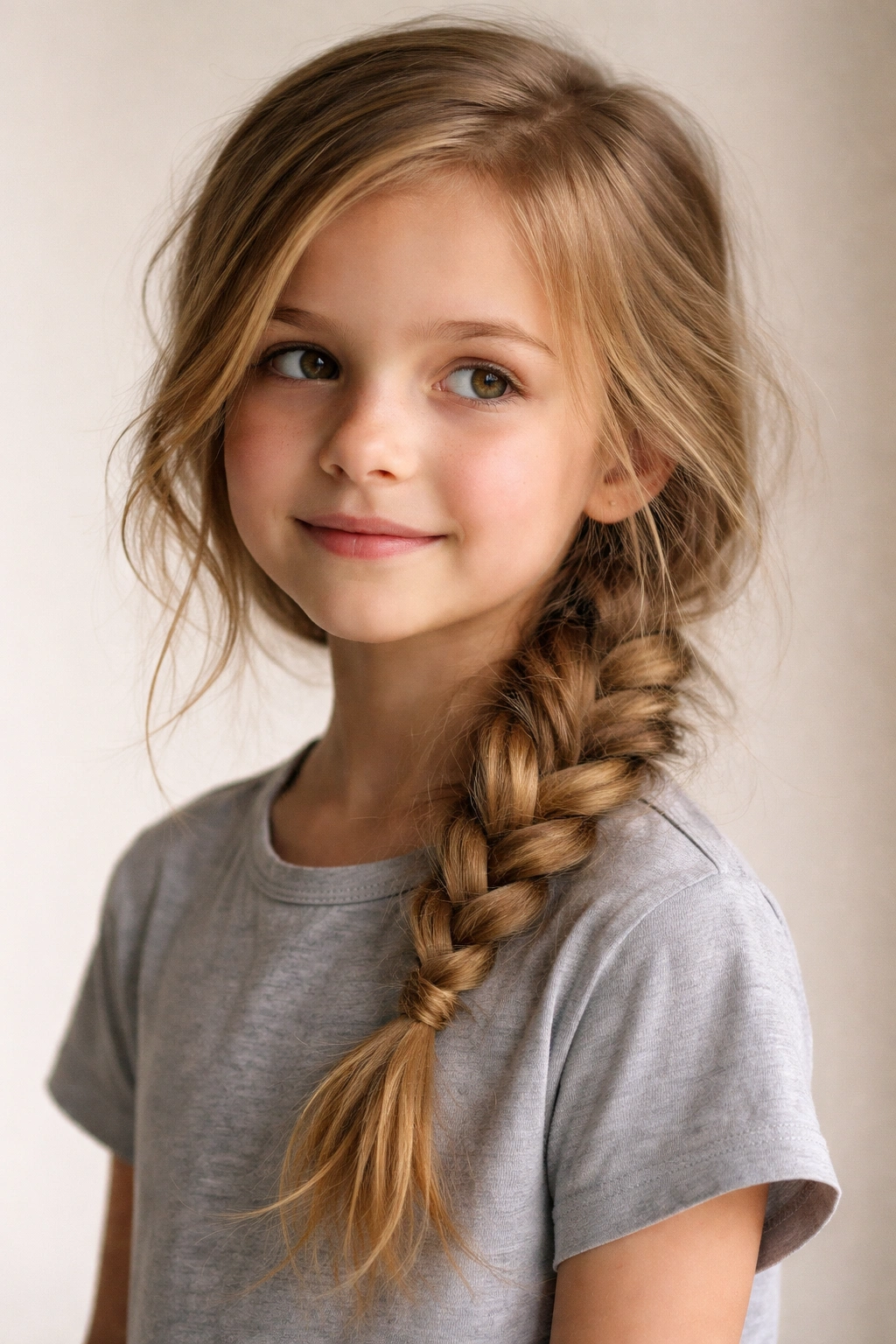 Child with a loose, messy side braid over the shoulder