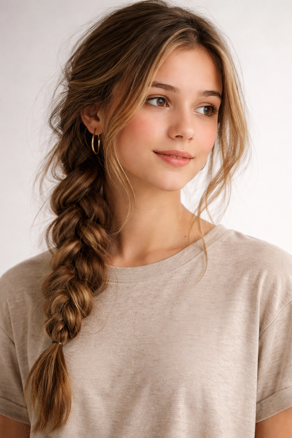 Messy side braid with loose strands and front pieces