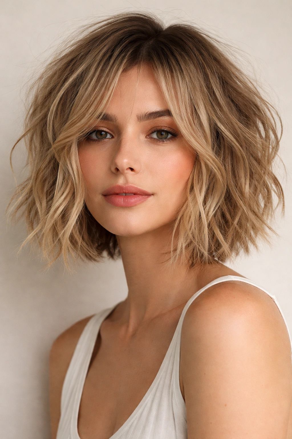 Messy textured bob with choppy layers and tousled waves.