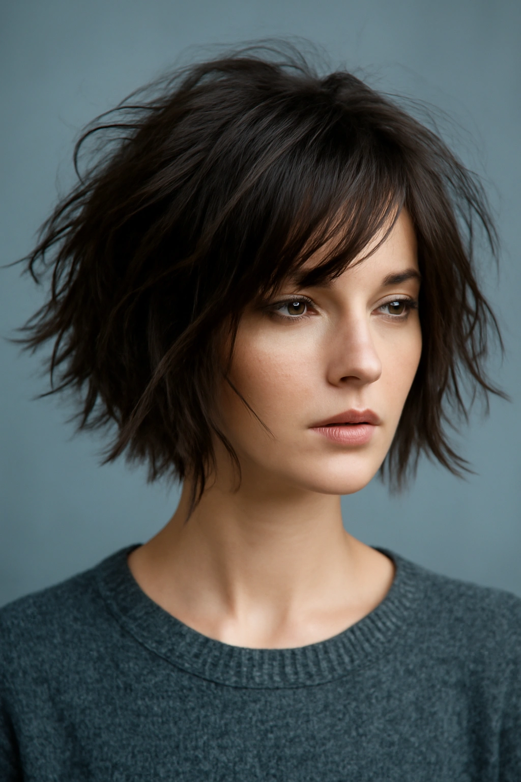 Messy textured bob with tousled layers and undone ends