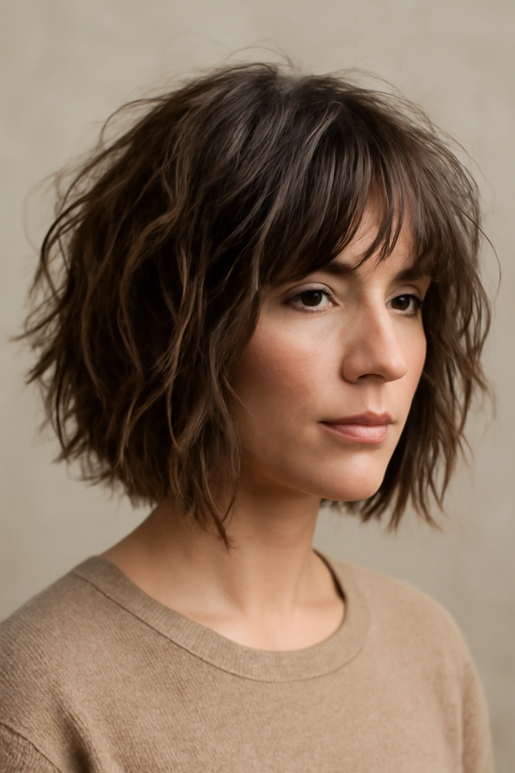 Messy textured bob showing piece-y ends and movement