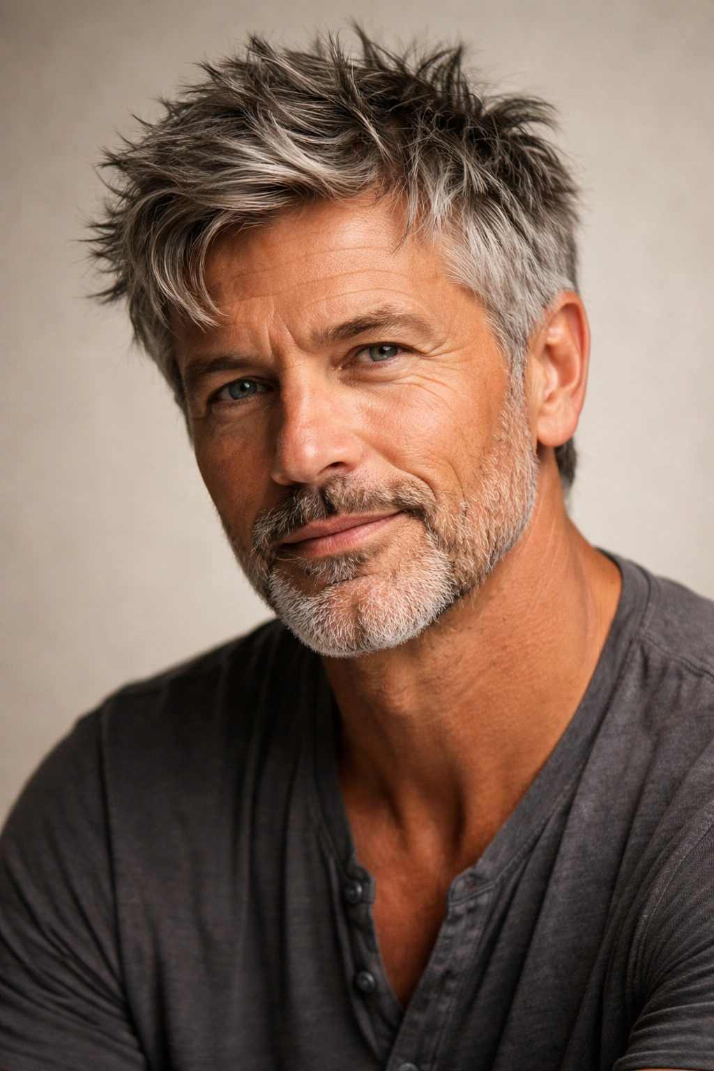 Man with messy textured hairstyle, short to medium length, tousled look