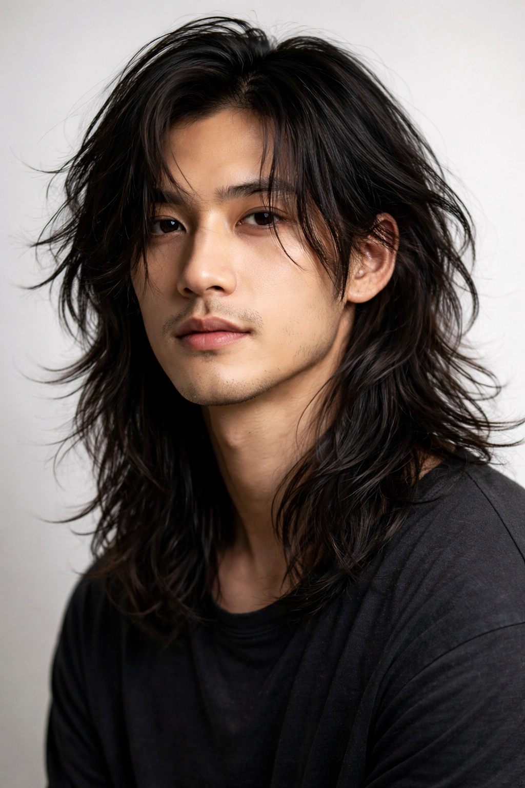 Asian man with long, messy textured hair