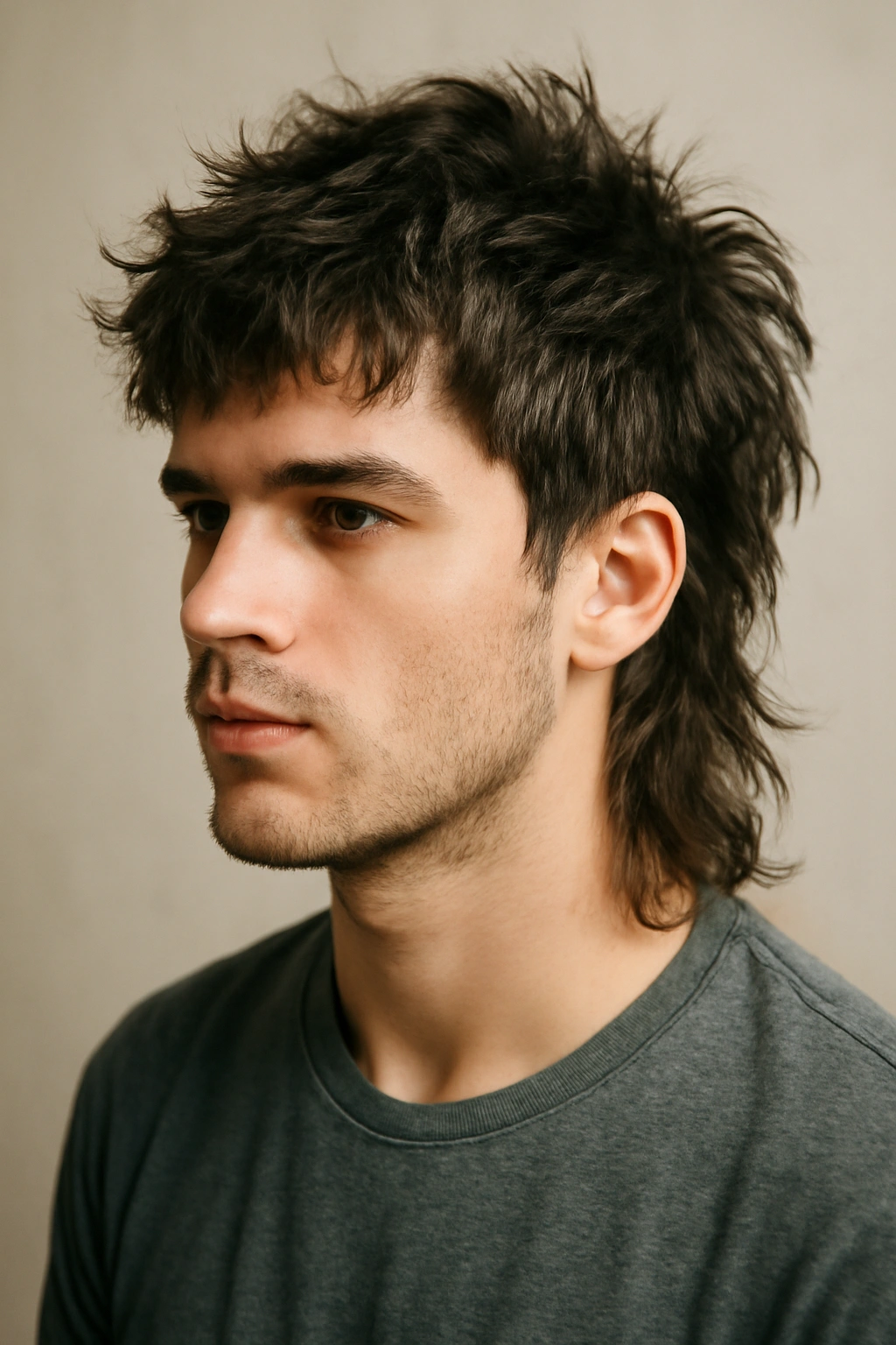 10 Mullet Haircuts That Suit Thick Heavy Hair 10 Portrait of a person with a messy textured mullet featuring short choppy sides and tousled back