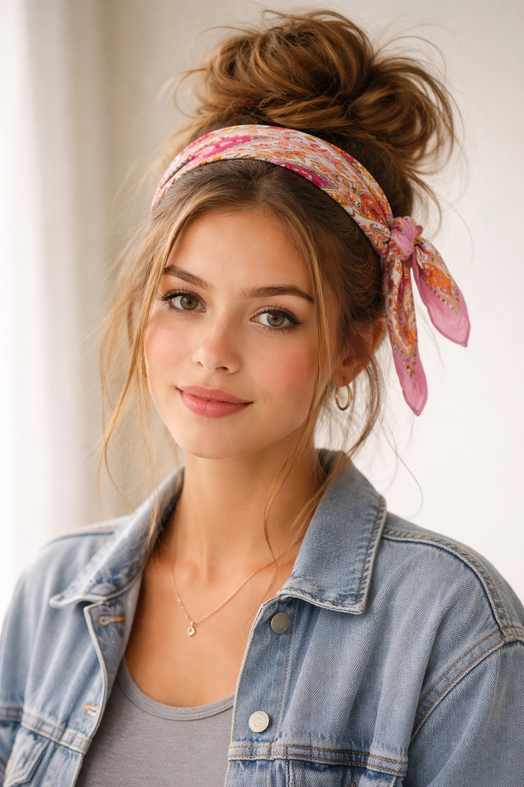 Messy top knot with colorful bandana