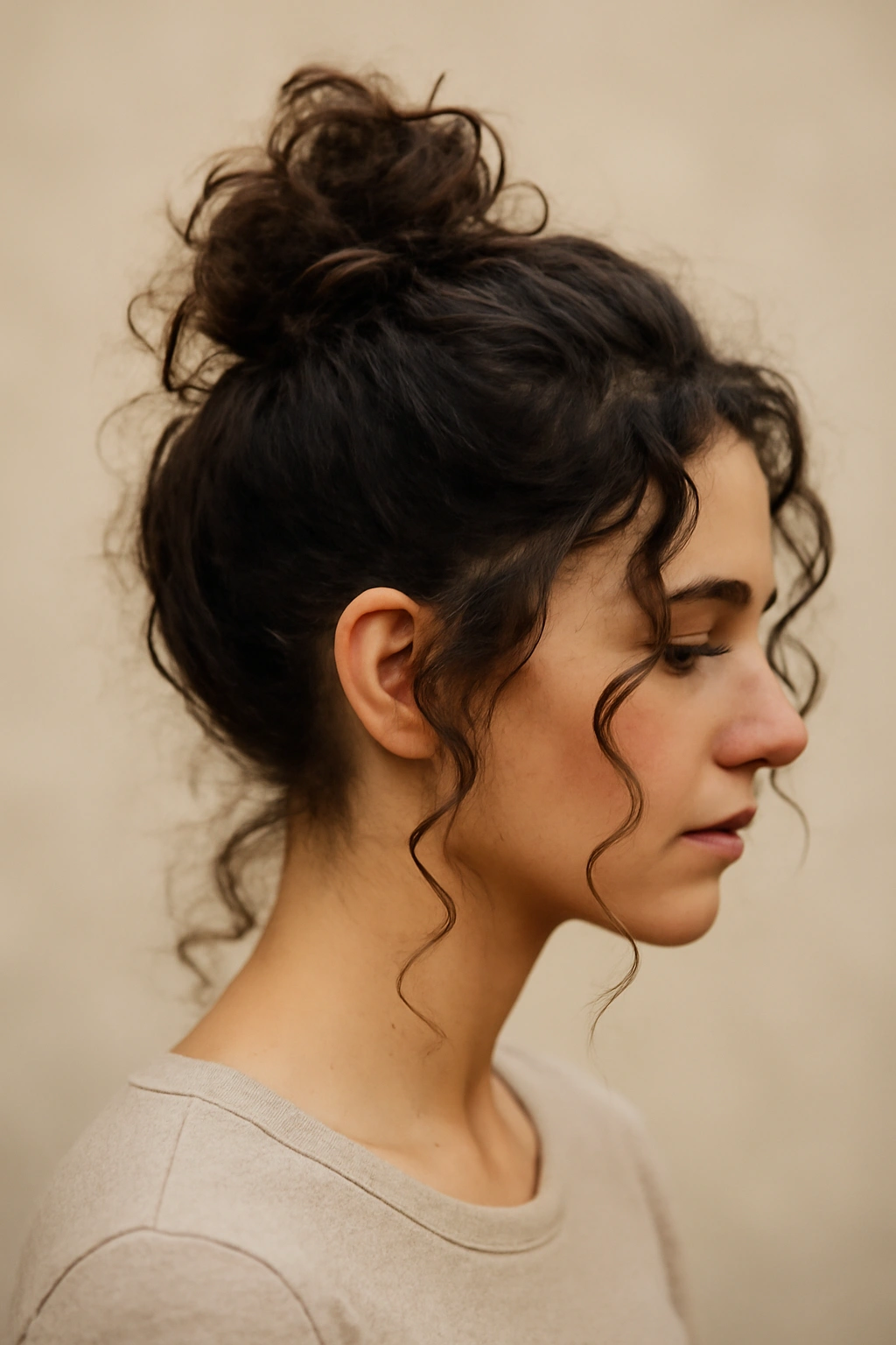 12 Easy Short Curly Styles for Effortless Mornings 4 Side profile of a messy top knot with loose tendrils framing the face