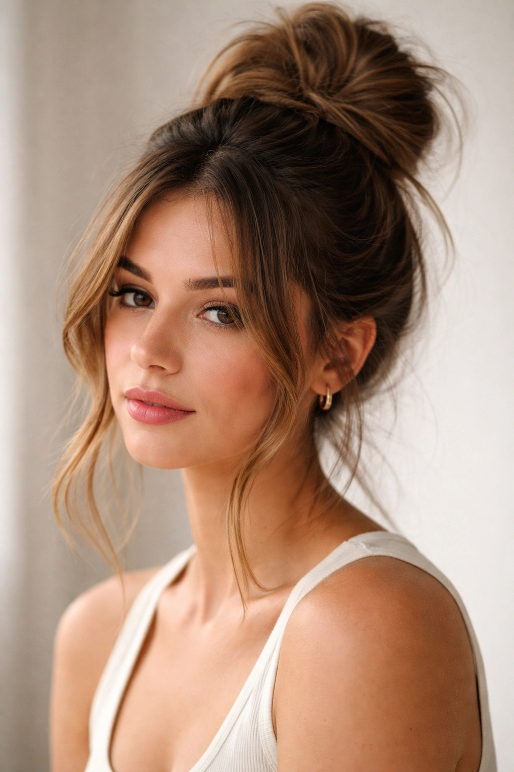 15 Hairstyles For Round Faces You Ll Want To Copy 15 High messy top knot with face-framing pieces and soft facial framing strands