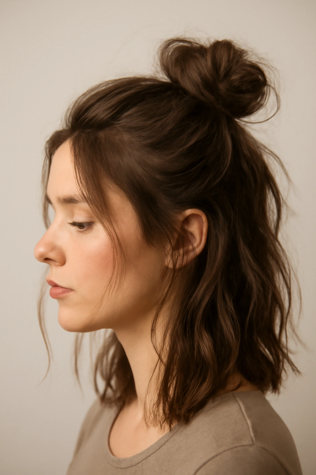 Casual messy half-up top knot with loose tendrils framing the face