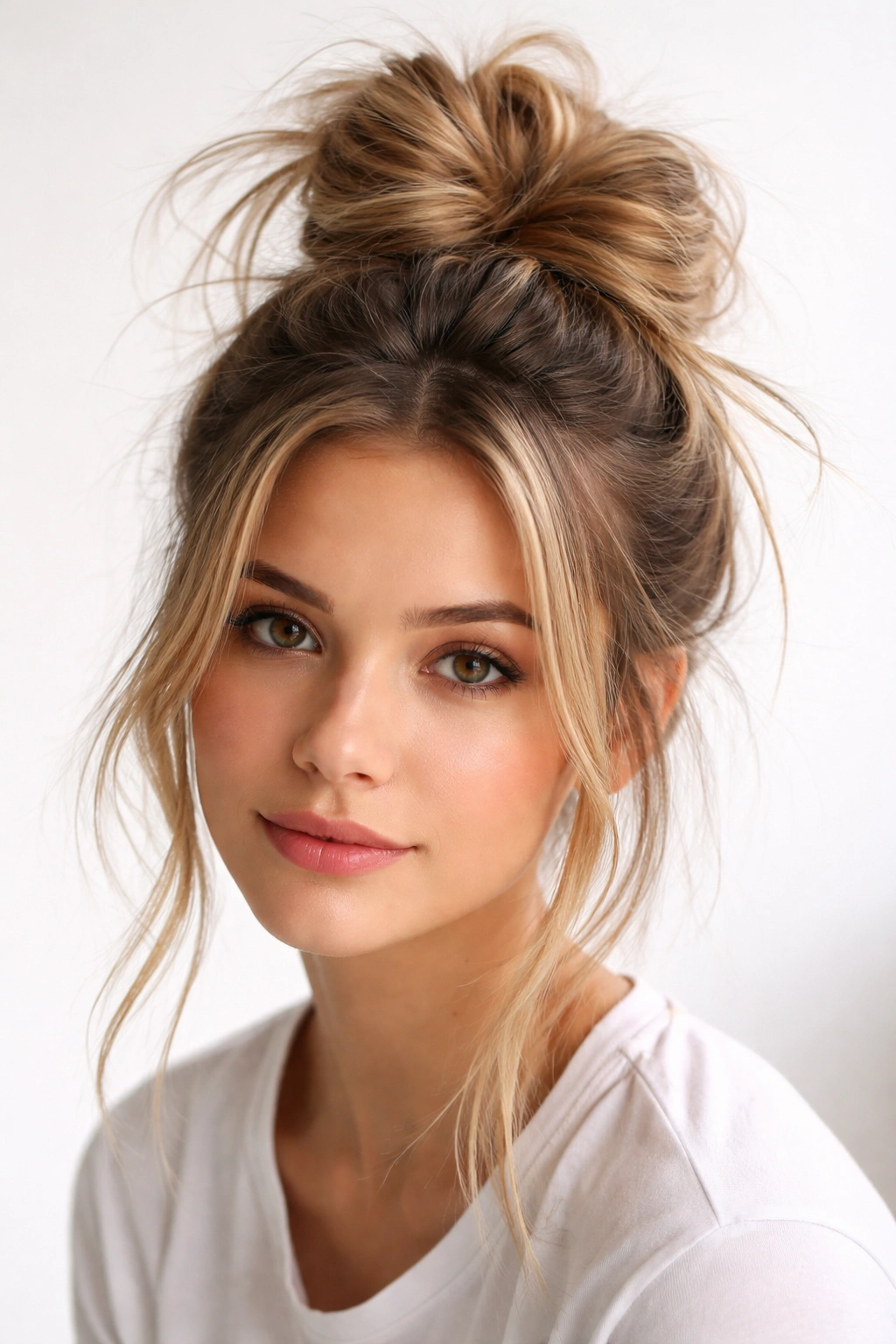 High messy top knot with ends sticking out and loose strands framing the face