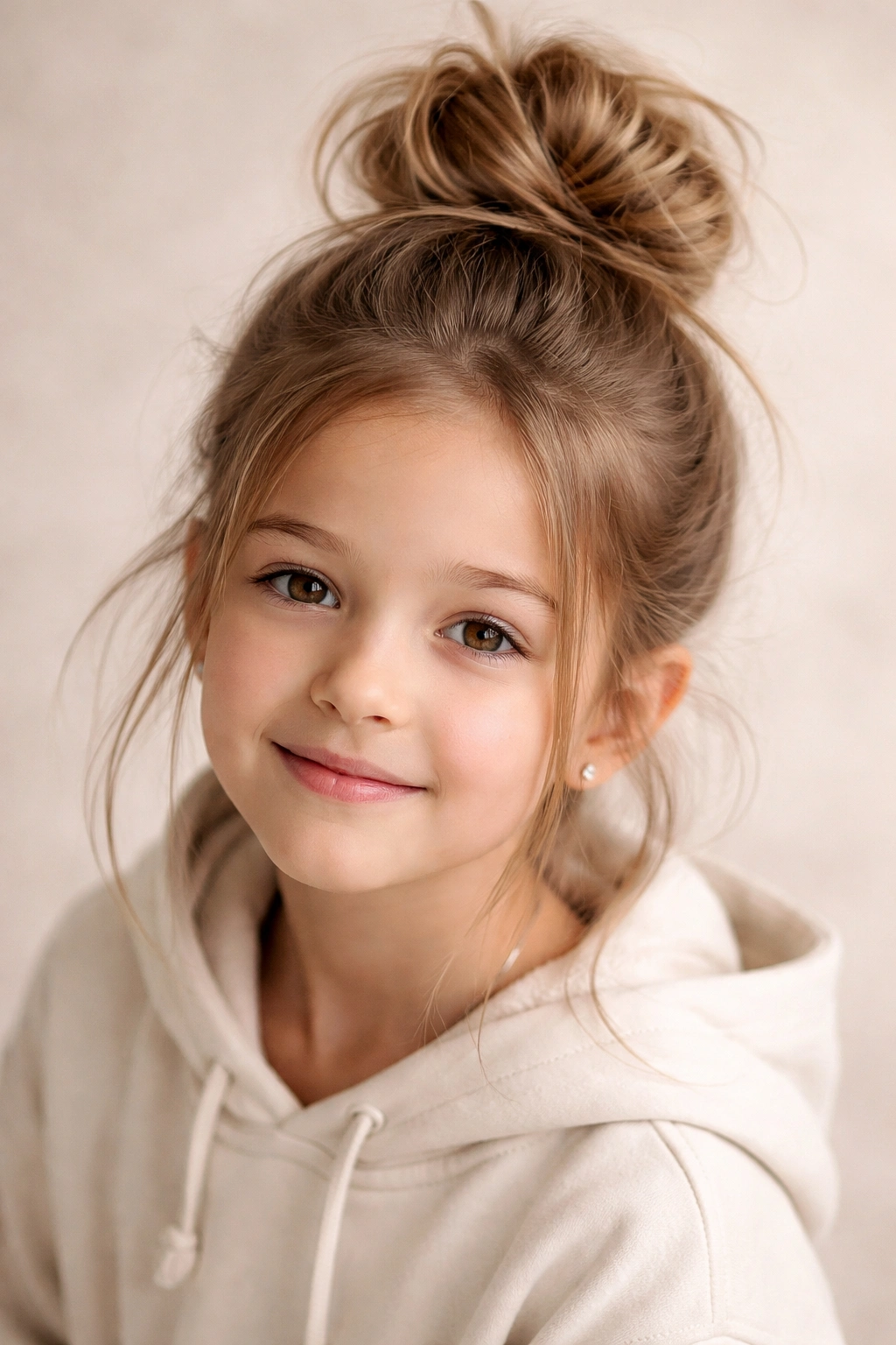 Messy top knot on a child's head with loose strands.