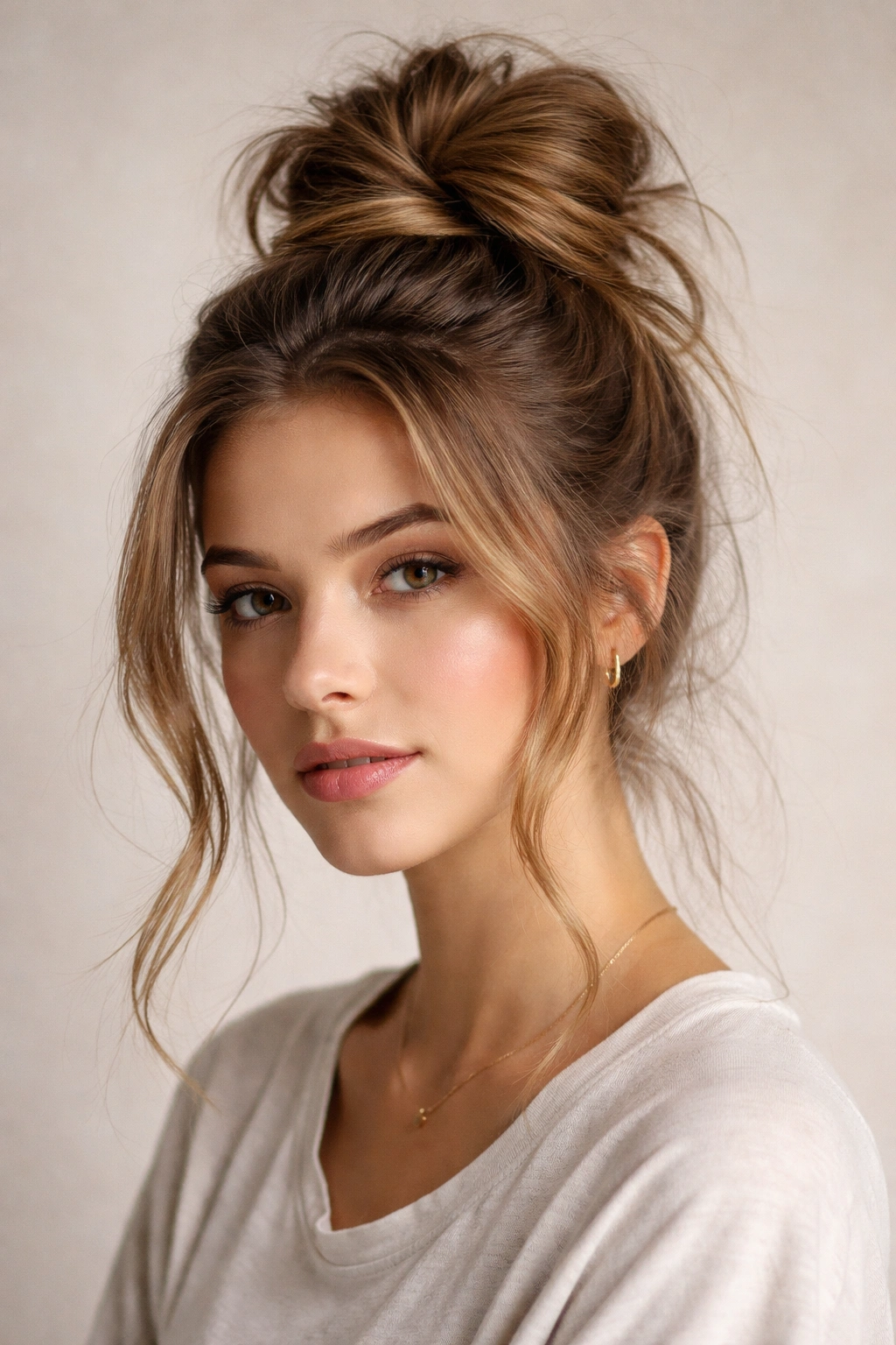 Teen with a messy top knot and loose strands.