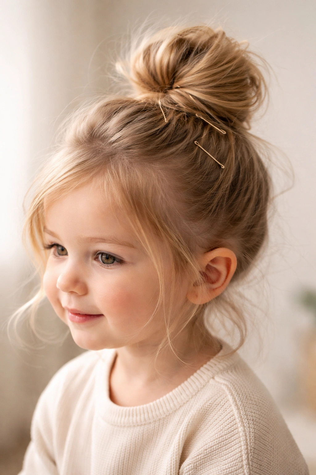 Toddler's messy top knot secured with several bobby pins.