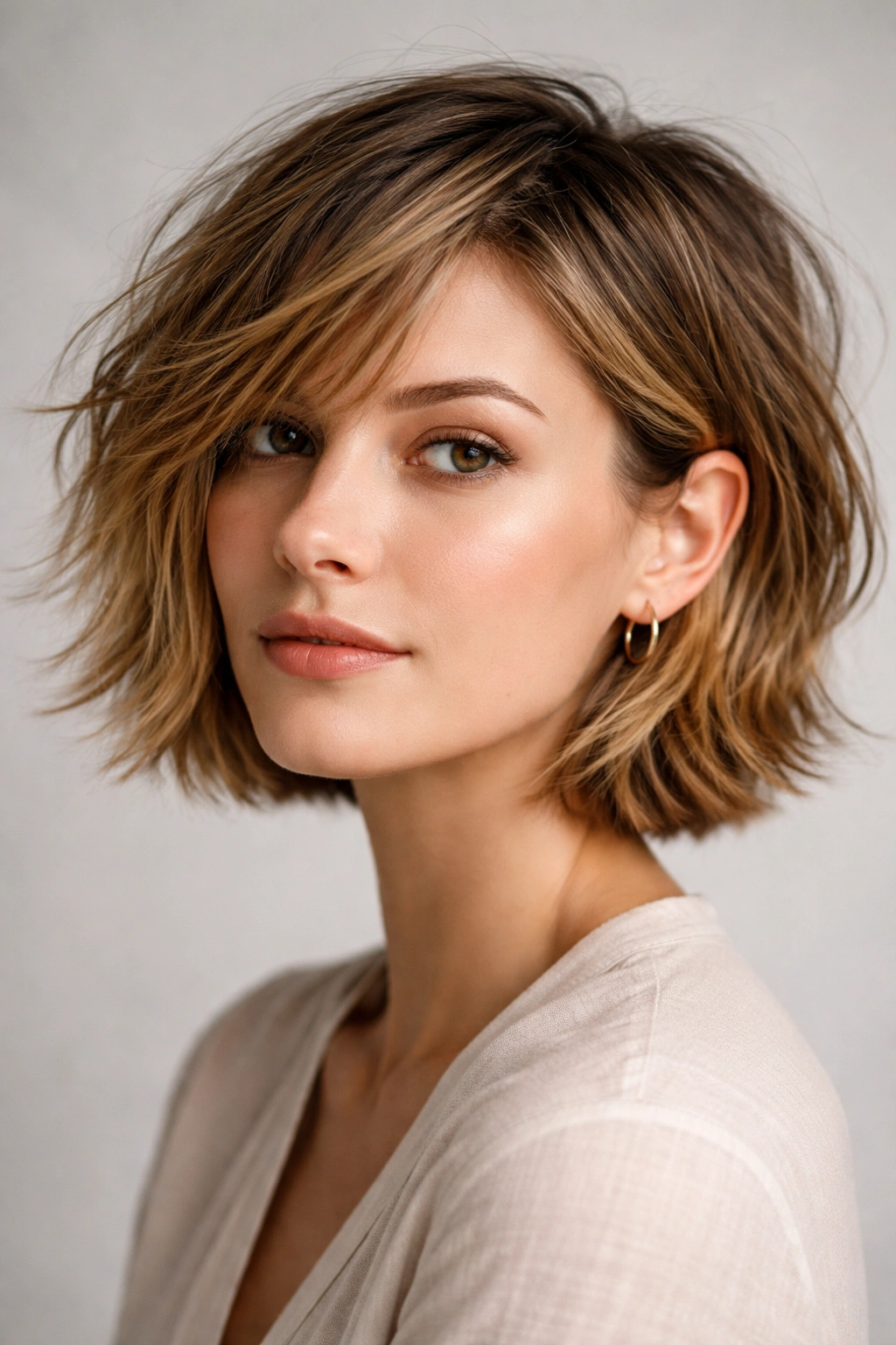 Close-up portrait of a messy tousled bob tucked behind the ears.