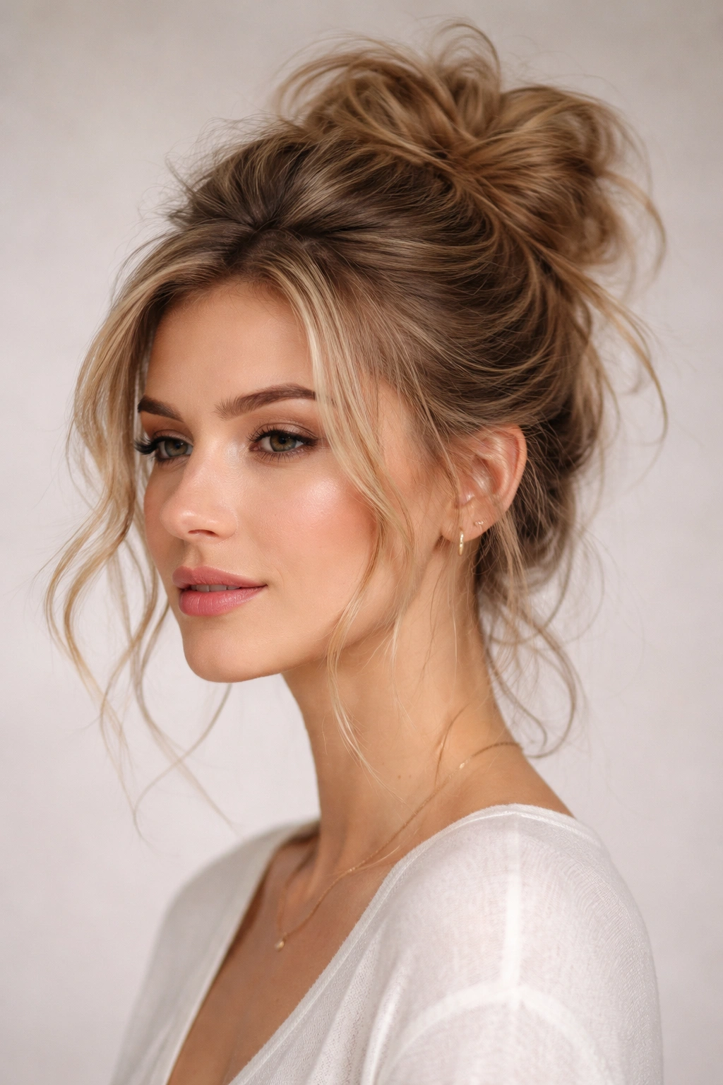 Close-up of a messy updo hairstyle with textured strands and crown lift