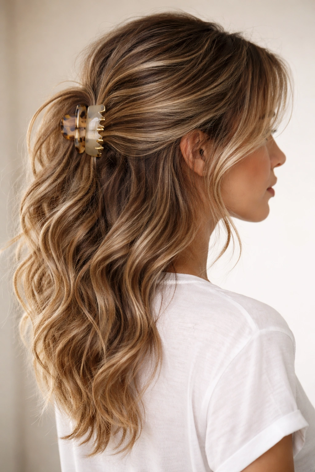 Side view of messy waves held by a claw clip