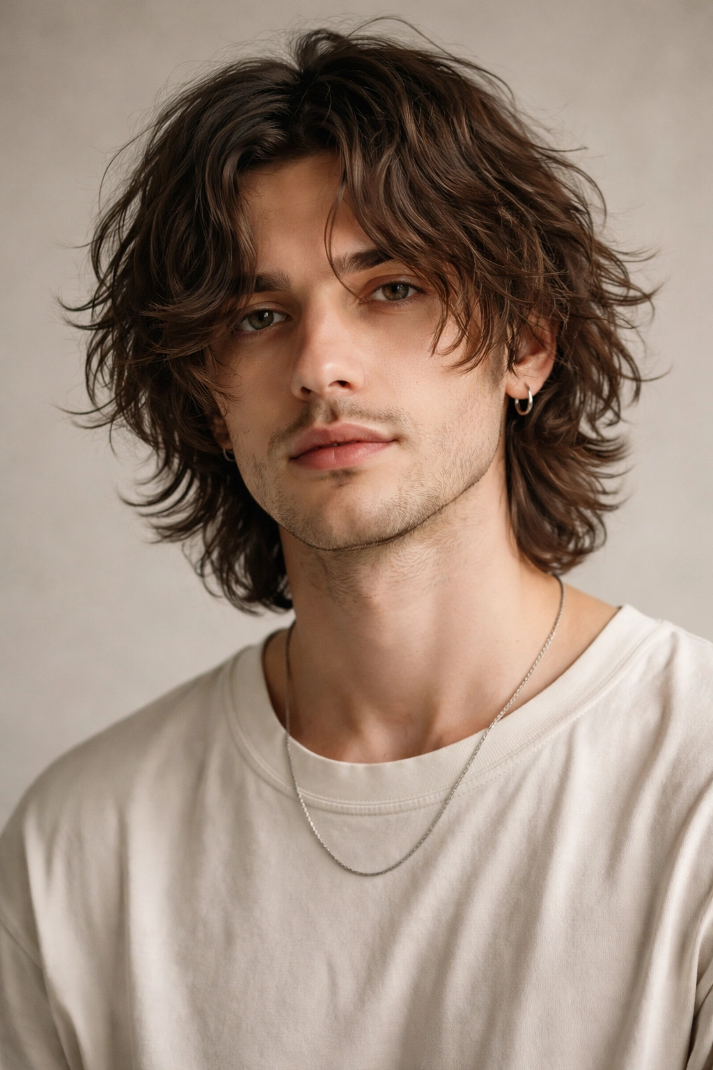 Man with shoulder-length messy waves and natural texture.