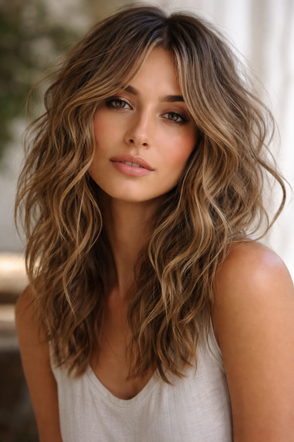 Portrait of hair with messy textured waves and layered cut