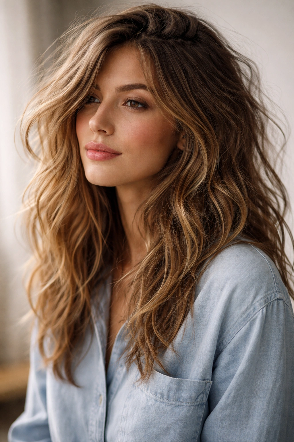 10 Hair Ideas For A Casual Shirt And Jeans Outfit 6 Wavy hair with texture and volume in a lived-in style.
