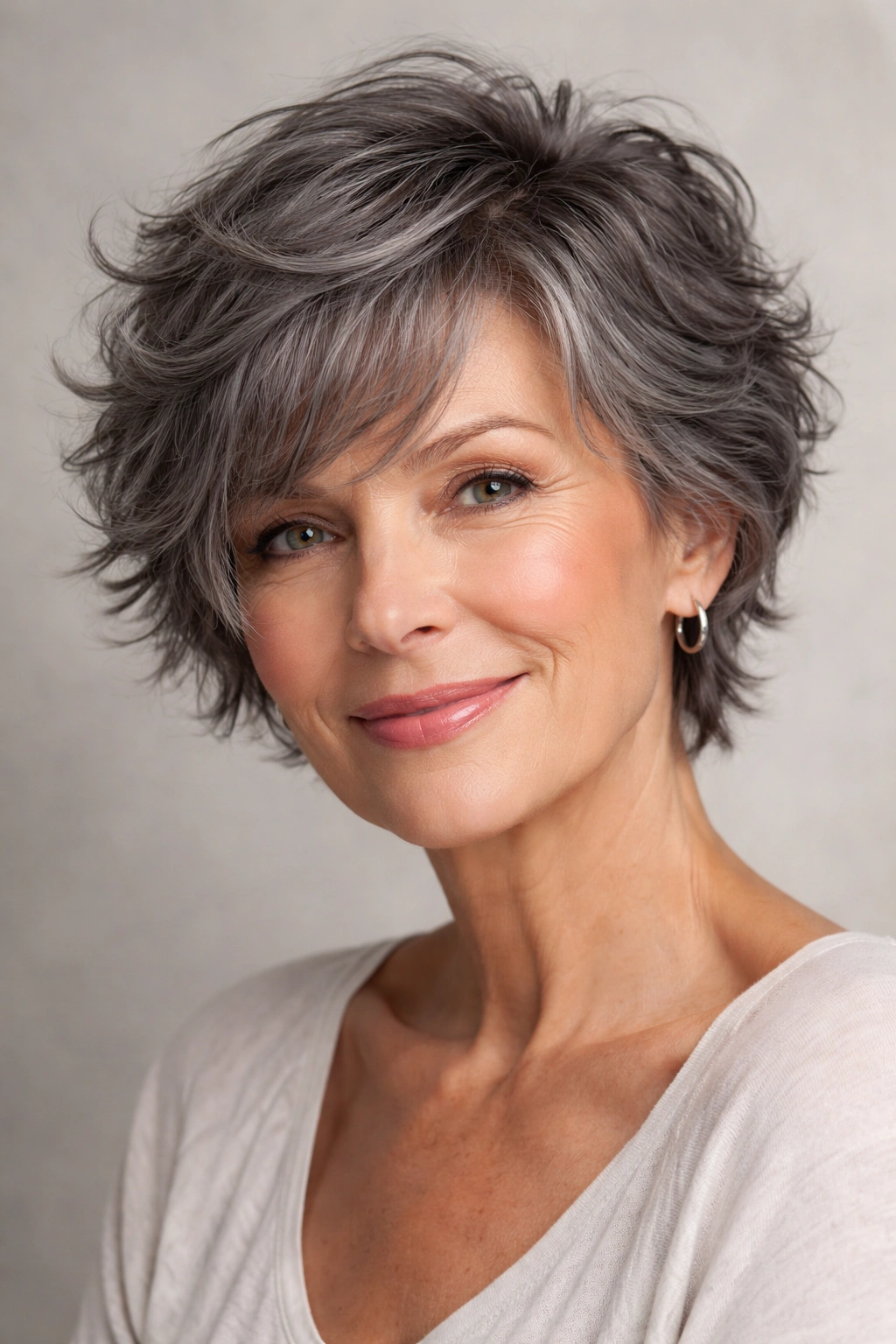 Messy wavy crop in soft charcoal gray with textured layers