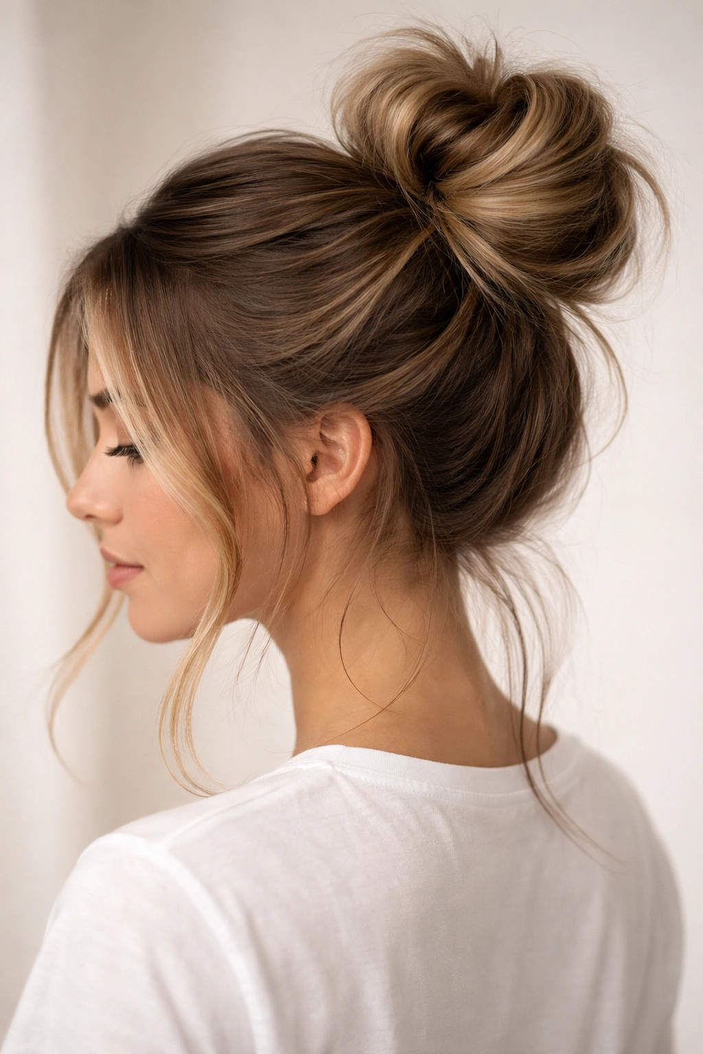 Close-up of a messy bun with loose strands at the crown