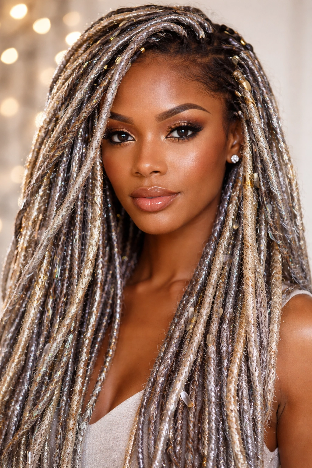 Metallic and glitter faux locs shimmering under studio lights