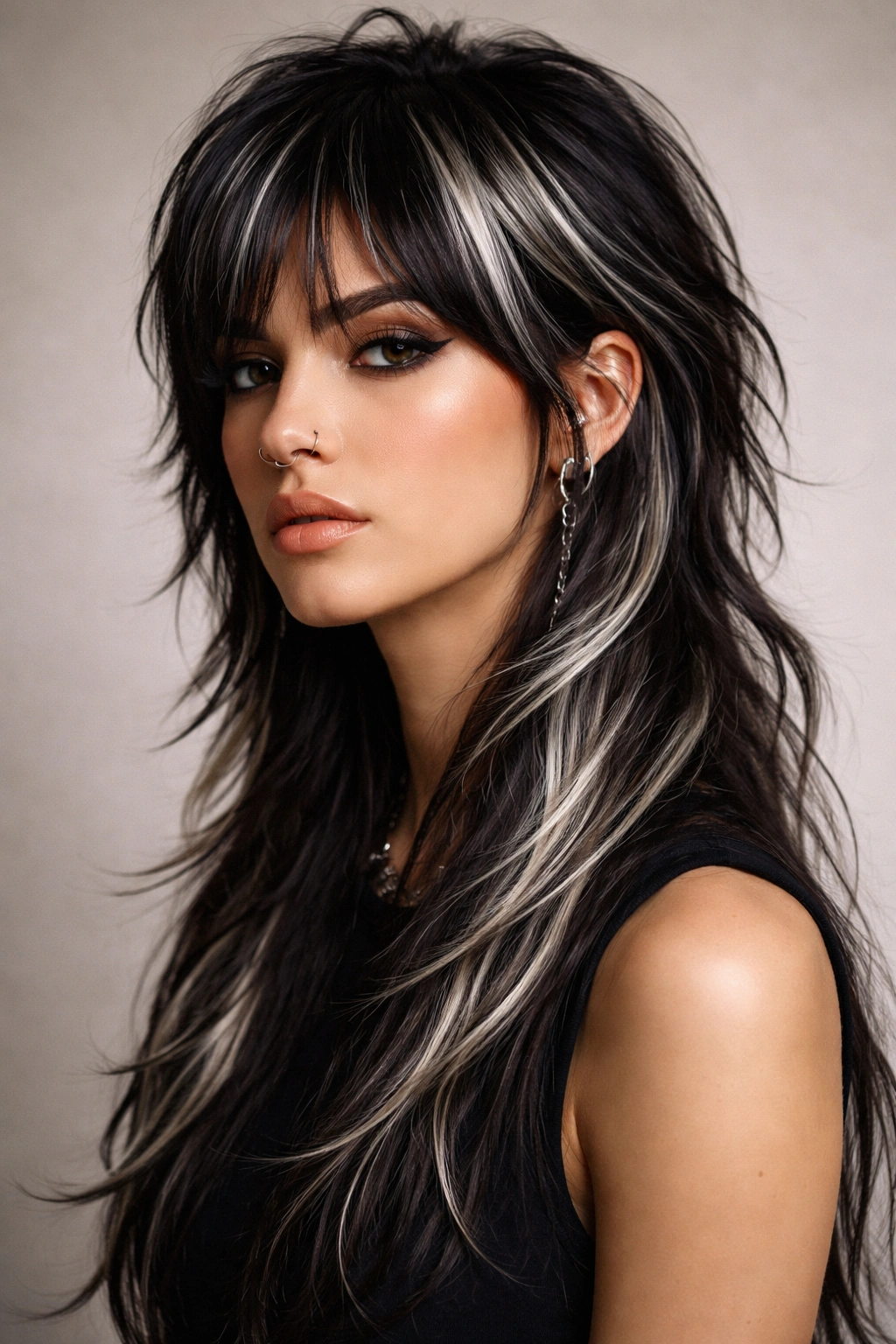 Portrait of a dark mullet with chunky silver metallic highlights in a studio setting