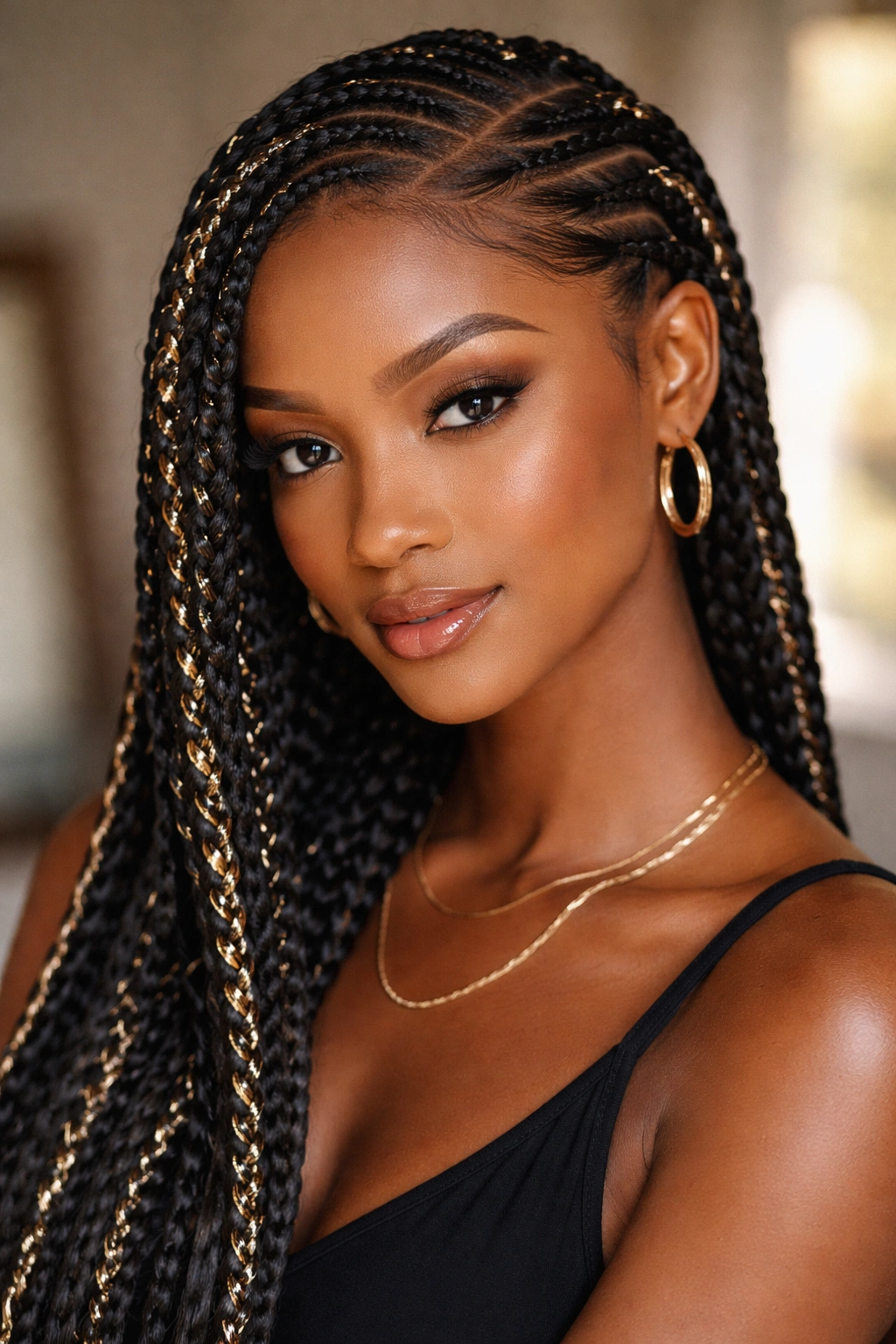 10 Side Part Two Braid Looks Black Women Love 6 Two braids woven with metallic thread catching light from a side part
