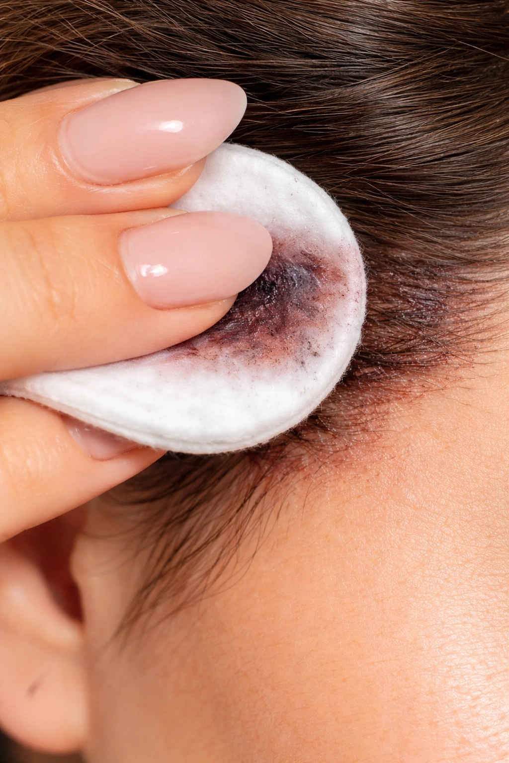 Cotton pad with makeup remover pressed on stained skin