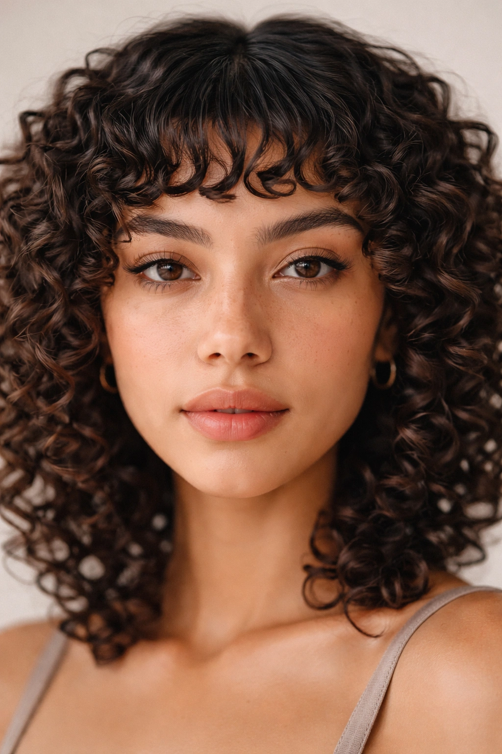 Close-up of micro bangs and defined ringlets around the forehead