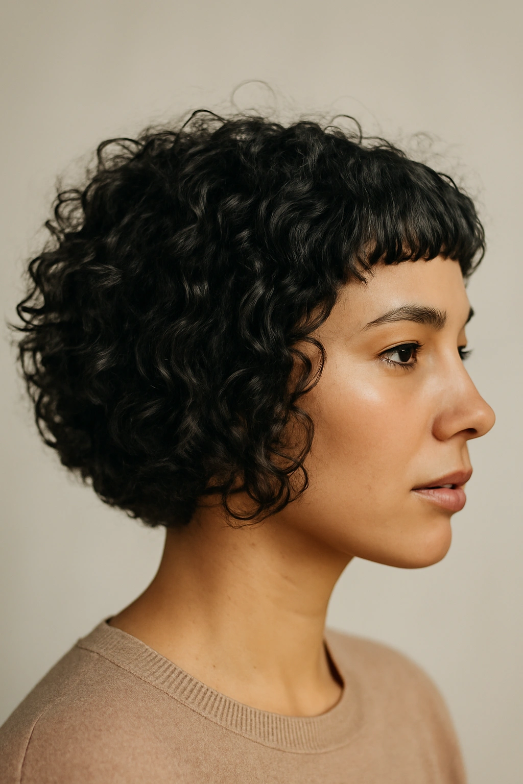 12 Angled Bob Cuts That Flatter Natural Curls 8 Close-up of curly hair with micro bangs and angled bob.