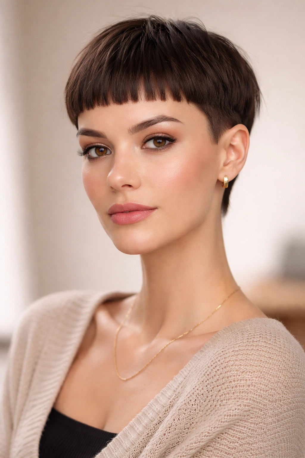 15 Short Haircuts That Instantly Make You Look Younger 4 Person with blunt micro bangs and cropped back hairstyle.